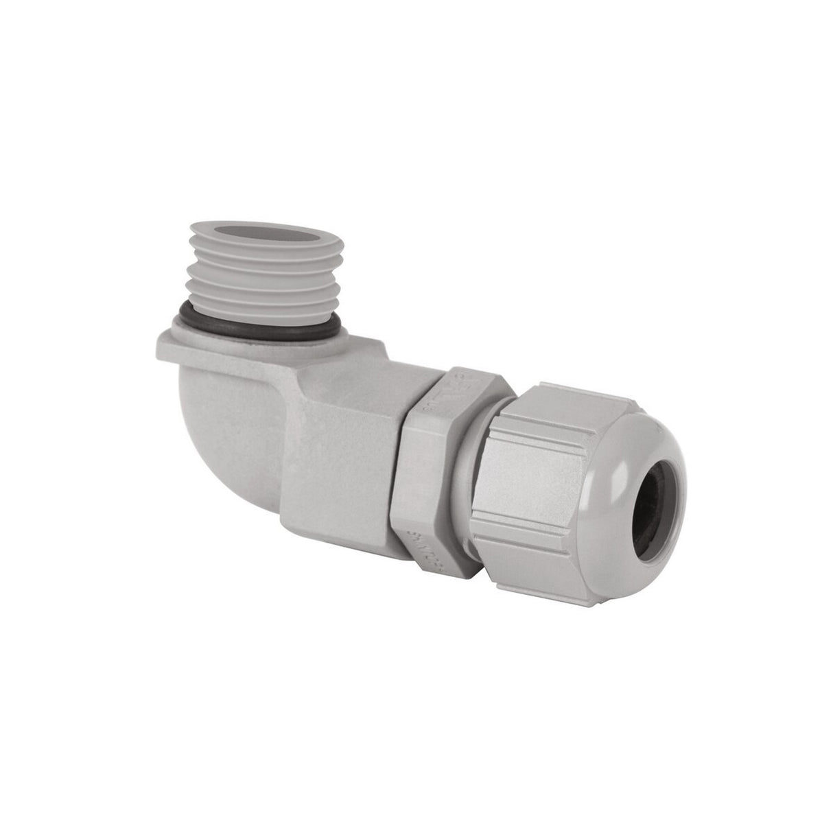 Angular Gland for HR-Max Profile: gray plastic right-angle connector with threaded end and locking nut, provides strain relief and secure cable entry for electrical cables passing through enclosures or panels.