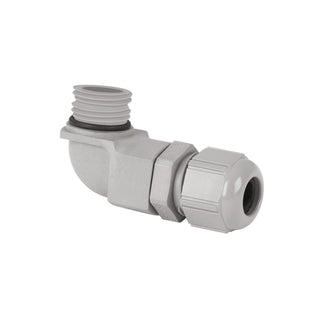 Angular Gland for HR-Max Profile: gray plastic right-angle connector with threaded end and locking nut, provides strain relief and secure cable entry for electrical cables passing through enclosures or panels.