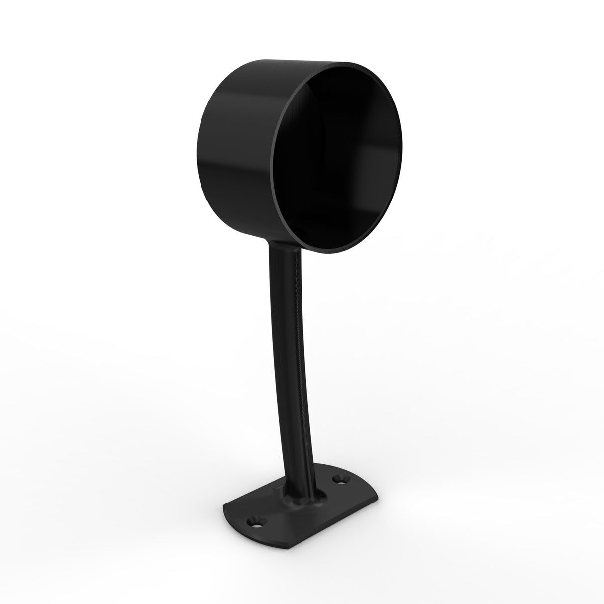 The Wired Post for 2.56 Round Profiles is a black, cylindrical metal bracket with an open circular top for holding LED diffuser tubes. It has a flat rectangular base with two screw holes for easy installation.