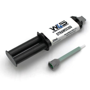 A Cream 2-part Methacrylate Adhesive W4S 55300 (25ml 1:1 Mix B-System) dual-barrel syringe is shown with a mixing nozzle attachment for industrial bonding, displayed on a white background.