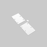 Two rectangular white End Cap for Pixel33-02 Profile pieces with corner holes are on a gray background, with a small, irregularly shaped white metal component from the same profile near the top center.