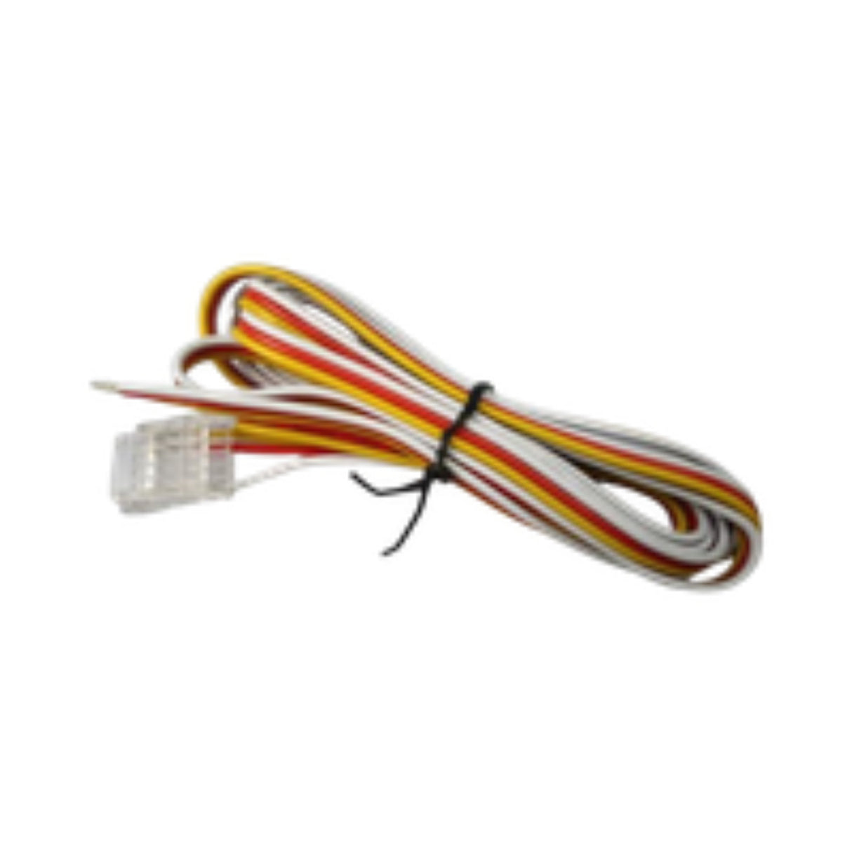 A coiled bundle of multicolored wires—white, yellow, and red—secured with a black twist tie and terminating in a clear plastic 3-pin connector, designed as a 3-Pin Solderless Tunable White COB LED Strip Connector (10mm) for the UniCCT Series.