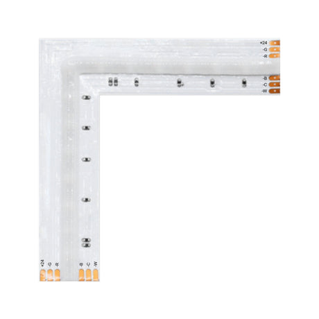 The 90 Degree Corner for EnoLED UniColor Series features labeled copper contacts (24V, G, R, B, W) and is designed for seamless corner lighting in RGB+CCT COB LED strip installations.