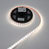 A coiled Low-Power RGBW IP67 Waterproof LED Strip (24V) ~ Iris Series glows on a white surface, partially unrolled and mounted on a black reel labeled with a sticker dated 11/28/2025.