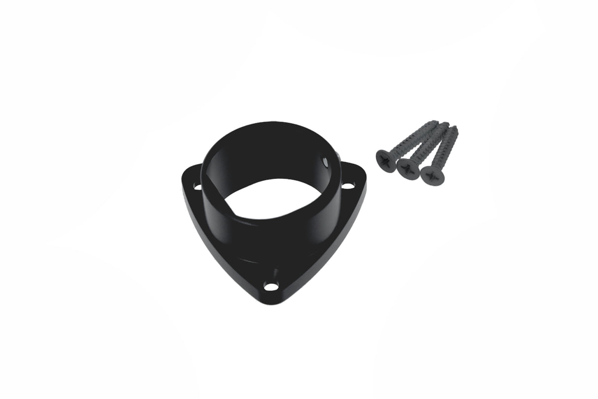 A black, triangular aluminum Holder for Oval20 Profile with a circular opening and three screw holes is shown beside three black screws on a white background—ideal for Oval20 Profile installations.