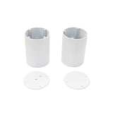 Two cylindrical white metal tubes from the Cartago Profile LED fixture stand upright beside two round aluminum End Caps for Cartago Profile, featuring screw holes, all arranged on a white background.