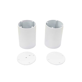 Two cylindrical white metal tubes from the Cartago Profile LED fixture stand upright beside two round aluminum End Caps for Cartago Profile, featuring screw holes, all arranged on a white background.