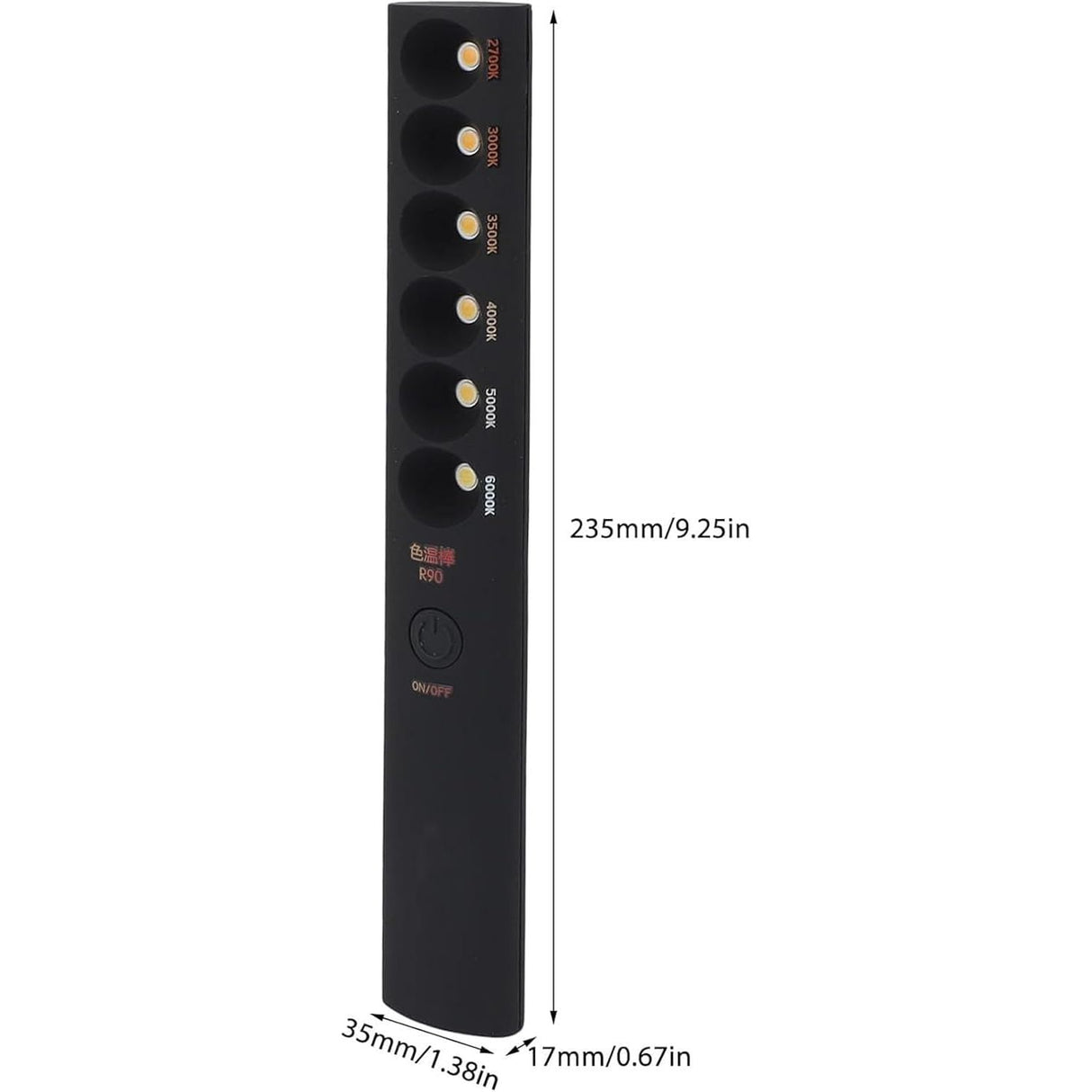 Black rectangular remote control for the Portable Color Temperature Lamp Stick, with five round buttons to adjust color temperature (2700K–5000K) and a power button. Size: 235×35×17mm. Perfect as a photography fill light.