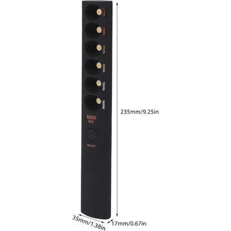 Black rectangular remote control for the Portable Color Temperature Lamp Stick, with five round buttons to adjust color temperature (2700K–5000K) and a power button. Size: 235×35×17mm. Perfect as a photography fill light.