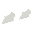 Two white, irregularly shaped plastic End Caps for the Cancun Profile with small holes near the edges are shown on a plain white background, oriented in opposite directions.