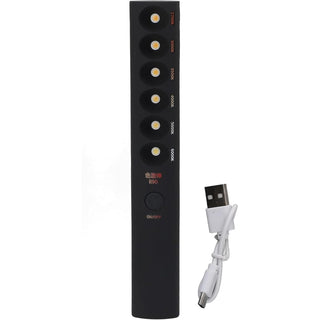 The Portable Color Temperature Lamp Stick is a black, handheld LED light with six color-labeled LEDs, an on/off button, adjustable color temperature, and a USB charging port. Ideal for photography fill light. Includes a short white USB cable.