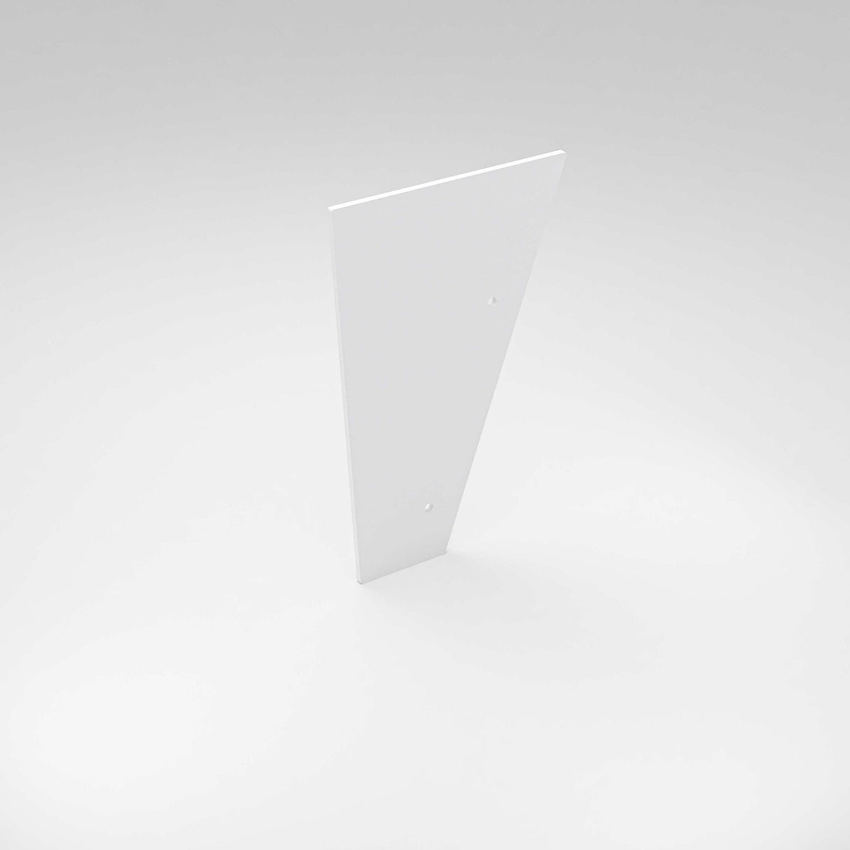 A white, flat, triangular End Cap for Badalona Profile stands upright on a light gray background, featuring two small circular holes.