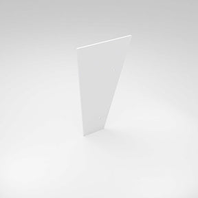 A white, flat, triangular End Cap for Badalona Profile stands upright on a light gray background, featuring two small circular holes.