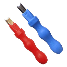 Two Cutting Tools for Marsella Diffusers with ergonomic handles—one red featuring a flat, angled high-speed steel blade and one blue with a curved metal blade—are displayed side by side on a white background.