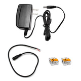 Plug-in Power Kit for Controllers and Sensors (12V) featuring a black UL Listed power supply with a barrel connector cable, a short adapter cable with a DC female jack, and two two-port orange and clear lever-wire connectors.