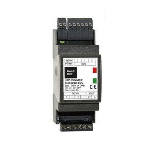 A DIN-rail 1-channel constant voltage LED dimmer with DMX, model DLD1248-1CV-DMX, features labeled terminals, indicator lights, and input/output ports, and functions as a constant-voltage LED driver.