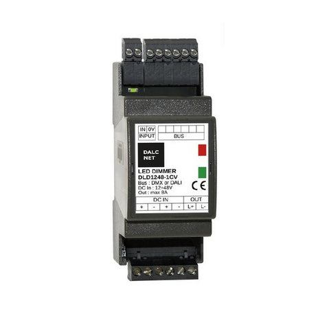 A DIN-rail 1-channel constant voltage LED dimmer with DMX, model DLD1248-1CV-DMX, features labeled terminals, indicator lights, and input/output ports, and functions as a constant-voltage LED driver.