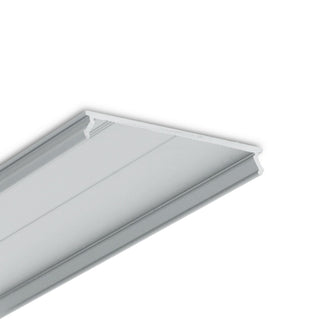 A silver LED Channel Cover ~ C8 Click Aluminim with a flat top and inward-facing edge grooves, perfect as an LED profile diffuser, shown against a white background.