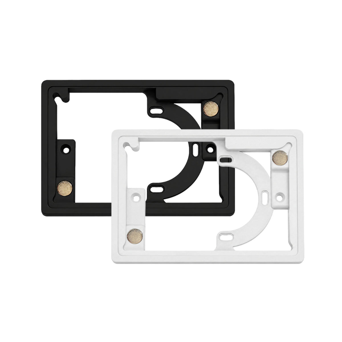 Two rectangular plastic framePanelM wall mount frames for controlPanelM screens by BleBox, one black and one white, are shown overlapping. Each frame features circular and rectangular cutouts, screw holes, and small metal contact points on their surfaces.