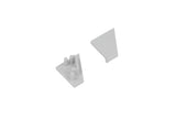 Two light gray triangular End Caps for the Corner10.v2 Profile lighting fixture are arranged on a white background—one positioned with its smooth surface facing up, and the other flipped over to display its connectors and studs.