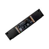 A rectangular black electronic device labeled RUNNING-LIGHT-V2, a SPI Pixel Controller with DALI and DMX for digital LED strips, with specification details and certification symbols printed in white on its surface. The device features connectors or mounting points at each end for easy integration with digital LED strips.
