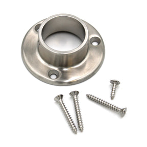 The 3 Round Wall Flange Base Plate for 1.50 round profiles features three mounting holes, includes four silver screws, and is ideal for handrails or railings; shown on a white background.