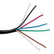 A close-up of the 6-Core 14/16 AWG PVC Sleeved Wire for RGB+TW LED Strip shows its black insulation stripped to reveal seven colorful copper conductors, fanned out against a white background.