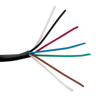 A close-up of the 6-Core 14/16 AWG PVC Sleeved Wire for RGB+TW LED Strip shows its black insulation stripped to reveal seven colorful copper conductors, fanned out against a white background.