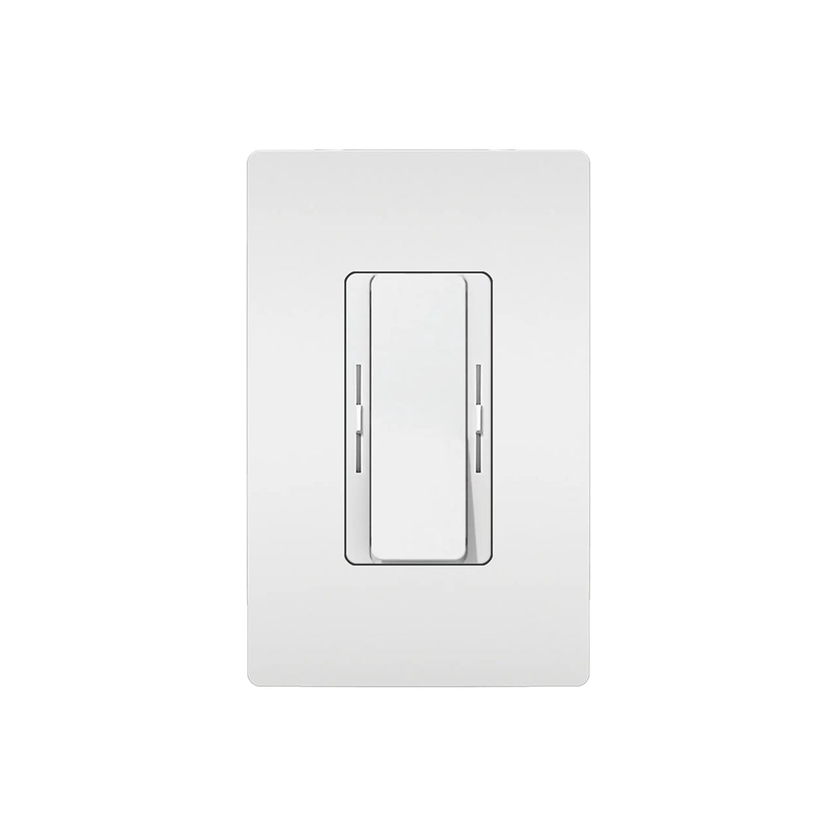 A sleek white rectangular rocker switch, mounted on a matching white wall plate and set against a plain white background, is featured here. This refined fixture is part of the EnoLED EnoDim Series: the Tunable White Wall Switch LED Driver & Dimmer (24V), offering precise lighting control and seamless integration for enhanced performance in contemporary lighting applications.