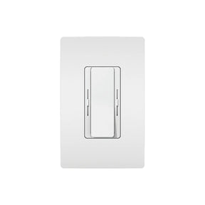 A sleek white rectangular rocker switch, mounted on a matching white wall plate and set against a plain white background, is featured here. This refined fixture is part of the EnoLED EnoDim Series: the Tunable White Wall Switch LED Driver & Dimmer (24V), offering precise lighting control and seamless integration for enhanced performance in contemporary lighting applications.