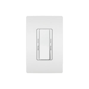 A sleek white rectangular rocker switch, mounted on a matching white wall plate and set against a plain white background, is featured here. This refined fixture is part of the EnoLED EnoDim Series: the Tunable White Wall Switch LED Driver & Dimmer (24V), offering precise lighting control and seamless integration for enhanced performance in contemporary lighting applications.