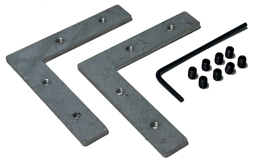 Two L Bracket for TL-041 Profile, eight small black set screws, and a black hex key are arranged on a white background. Perfect for secure connections—bulk pricing available.