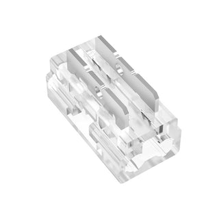 The 2-Pin Solderless 9-in-1 White LED Strip Staple Connector features a clear, transparent housing with visible internal metal contacts and multiple slots, making it ideal for joining or splicing electrical wires. Perfect as an LED strip connector for quick and secure installation, it's especially suited for COB LED strip projects where a reliable connection is essential.