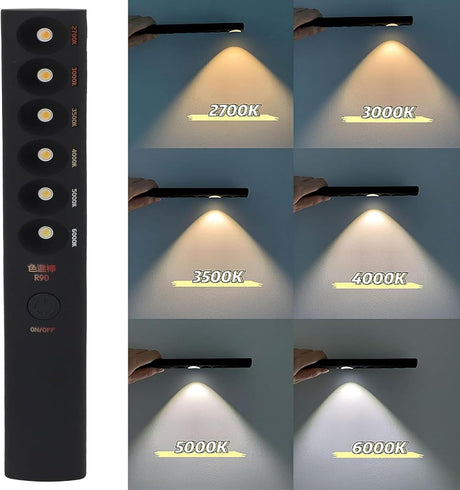 The Portable Color Temperature Lamp Stick is shown with a remote and six images, each displaying a different color temperature from warm 2700K to cool 6000K, illuminating a wall for ideal photography fill light.