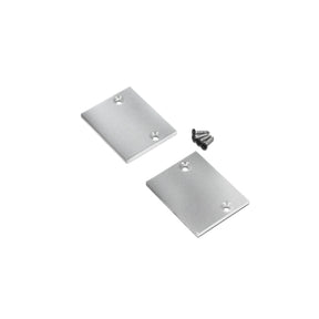 Two rectangular End Cap for Pixel33-01 Profile pieces, each with two holes, are shown beside four small black screws on a white background.