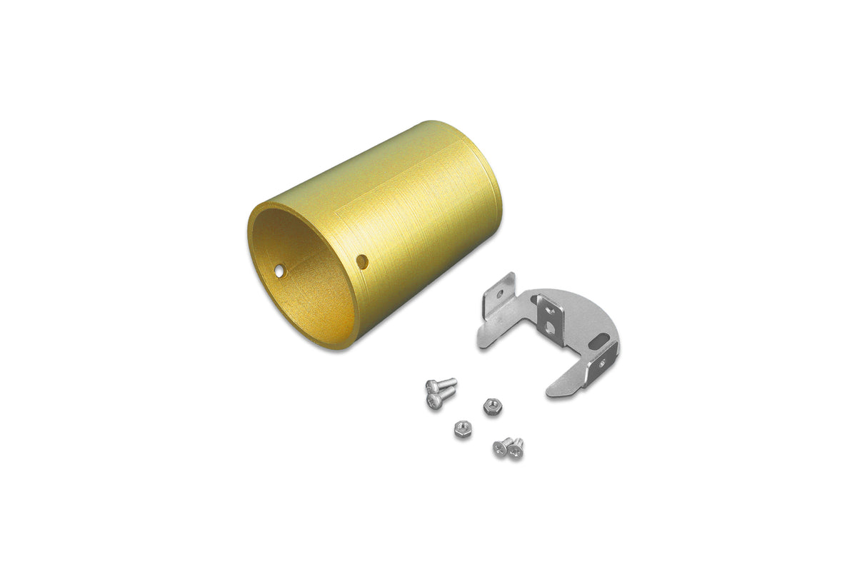 Here’s a rewritten version using your product data: An End Holder for Arc12 Duo Profile, featuring a gold cylindrical metal housing, a silver mounting bracket, and four small screws—including the end holder itself—are arranged on a white background.
