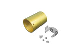 Here’s a rewritten version using your product data: An End Holder for Arc12 Duo Profile, featuring a gold cylindrical metal housing, a silver mounting bracket, and four small screws—including the end holder itself—are arranged on a white background.