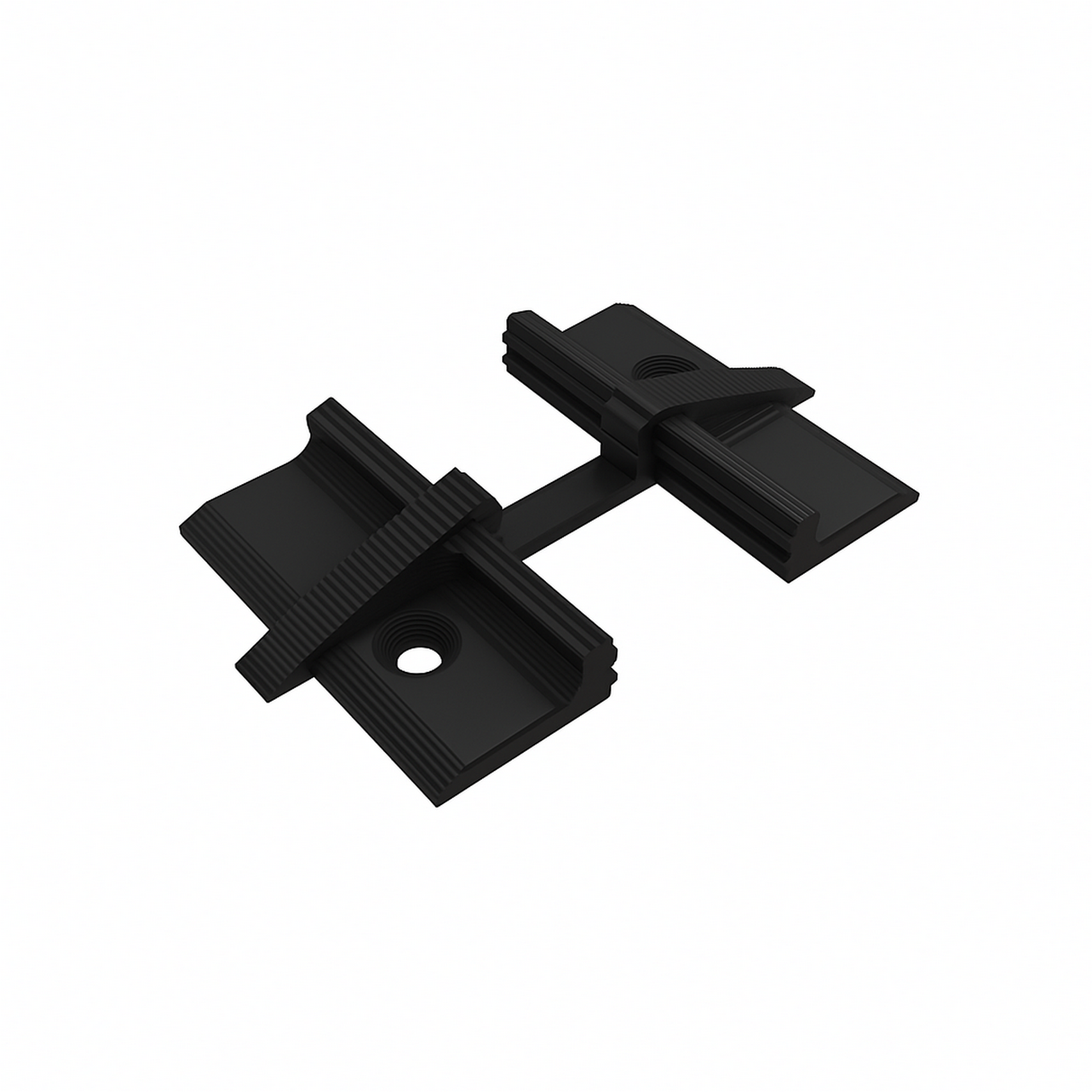 The Plastic Straight Connector for Alu-Flat Profile is a black, rectangular plastic connector with ribbed edges, a central bar, and holes on each side, designed to secure flat panels or Alu-Flat profiles together.