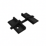 The Plastic Straight Connector for Alu-Flat Profile is a black, rectangular plastic connector with ribbed edges, a central bar, and holes on each side, designed to secure flat panels or Alu-Flat profiles together.