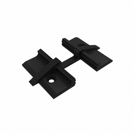 The Plastic Straight Connector for Alu-Flat Profile is a black, rectangular plastic connector with ribbed edges, a central bar, and holes on each side, designed to secure flat panels or Alu-Flat profiles together.