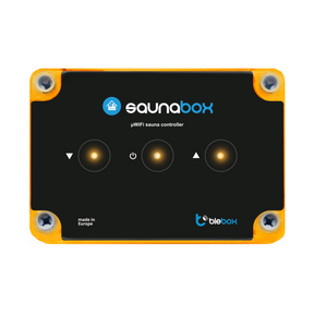 A rectangular black Sauna WiFi Heating Controller ~ saunaBox Pro by Blebox features three circular touch buttons with arrow icons, blue and white branding, and is enclosed in a yellow and black case.