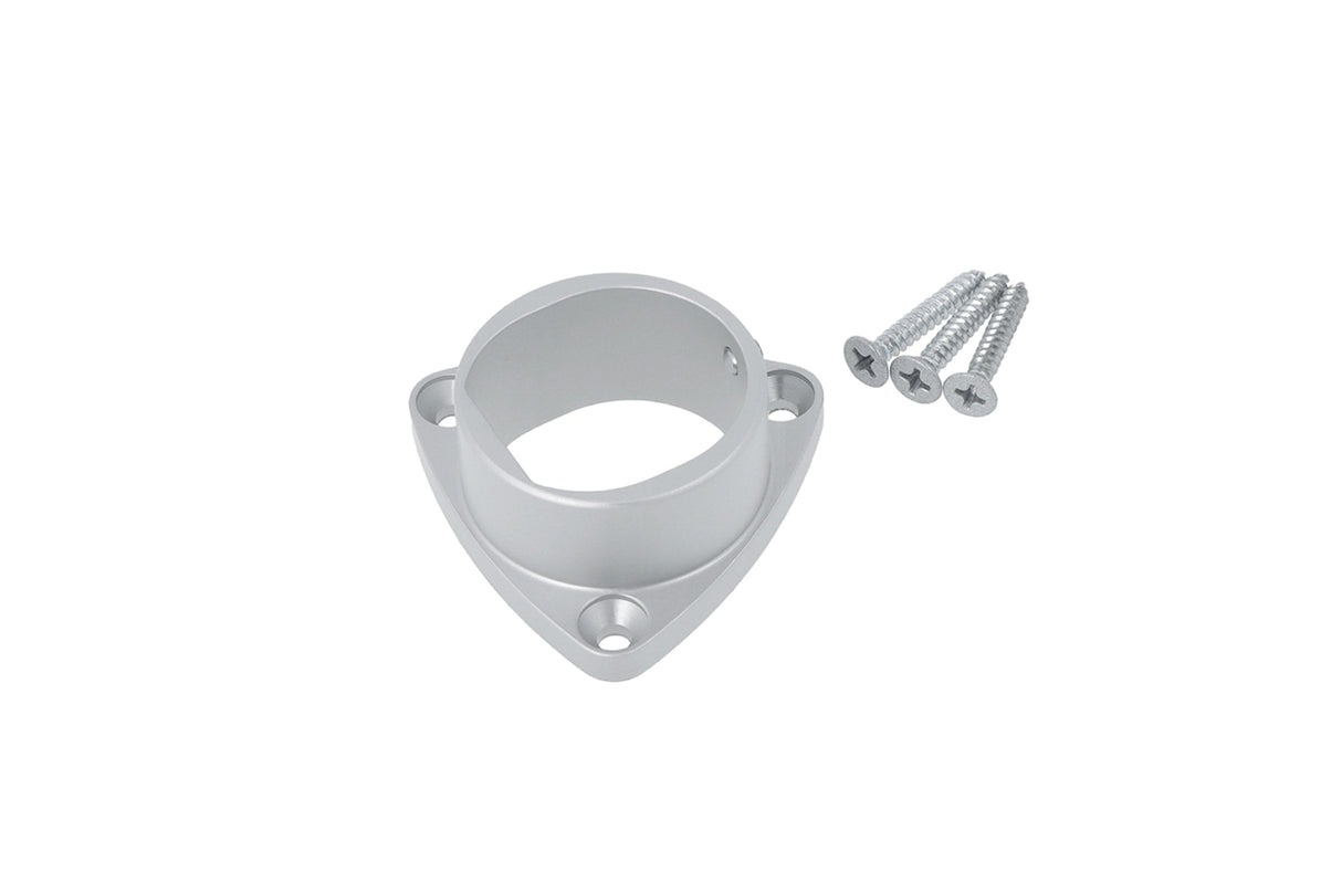 The Holder for Oval20 Profile is a silver aluminum bracket with a triangular base, three mounting holes, a central circular opening, and comes with three matching screws—ideal for securely mounting Oval20 Profiles.