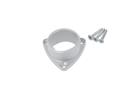 The Holder for Oval20 Profile is a silver aluminum bracket with a triangular base, three mounting holes, a central circular opening, and comes with three matching screws—ideal for securely mounting Oval20 Profiles.