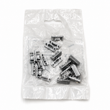 A clear plastic bag containing multiple small metallic End Caps for Surface10 Profile, displayed on a white background.