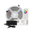Color-Chasing RGB Pixel IP20 COB LED Strip Kit (24V) ~ EnoLED UniPixel Series, featuring a coiled RGBIC COB LED strip, remote control with color and on/off buttons, power adapter, and a smart controller—all components displayed against a white background.