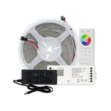 Color-Chasing RGB Pixel IP20 COB LED Strip Kit (24V) ~ EnoLED UniPixel Series, featuring a coiled RGBIC COB LED strip, remote control with color and on/off buttons, power adapter, and a smart controller—all components displayed against a white background.