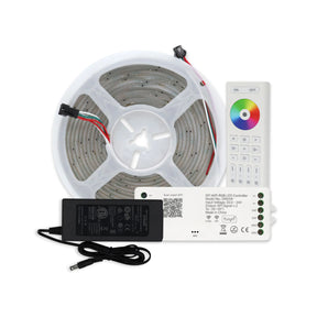 Color-Chasing RGB Pixel IP20 COB LED Strip Kit (24V) ~ EnoLED UniPixel Series, featuring a coiled RGBIC COB LED strip, remote control with color and on/off buttons, power adapter, and a smart controller—all components displayed against a white background.