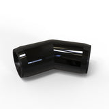 A black, glossy Structural PVC Joiner for Sierra38 Tube Profile is shown at a 45-degree angle on a white background, its smooth surface reflecting light—ideal as a plastic connector for lighting installation accessories.