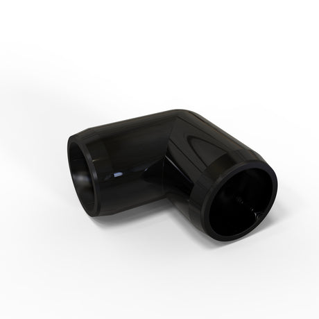 A shiny black Structural PVC Joiner for Oslo Round Profiles with a 90-degree bend, used in custom lighting structures, displayed on a plain white background.