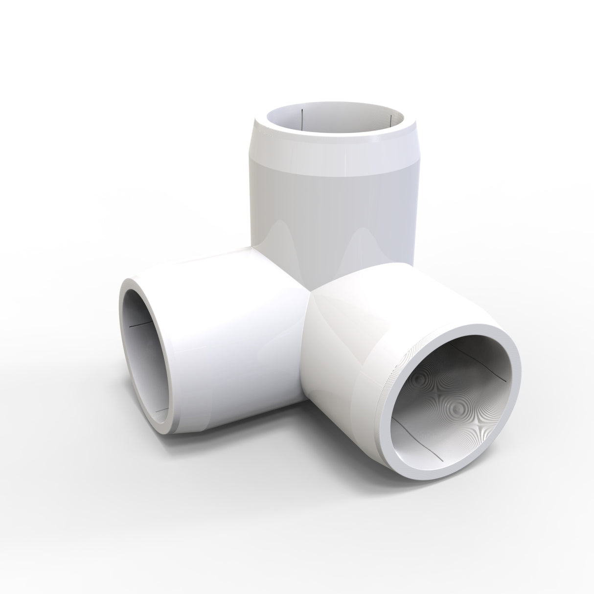 A white, glossy Structural PVC Joiner for Sierra38 Tube Profile with three cylindrical openings is shown on a plain white background, ideal as a T-shaped connector for lighting installation accessories.